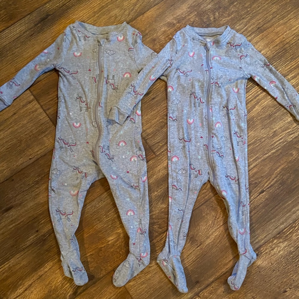 Matching unicorn and rainbow pajamas